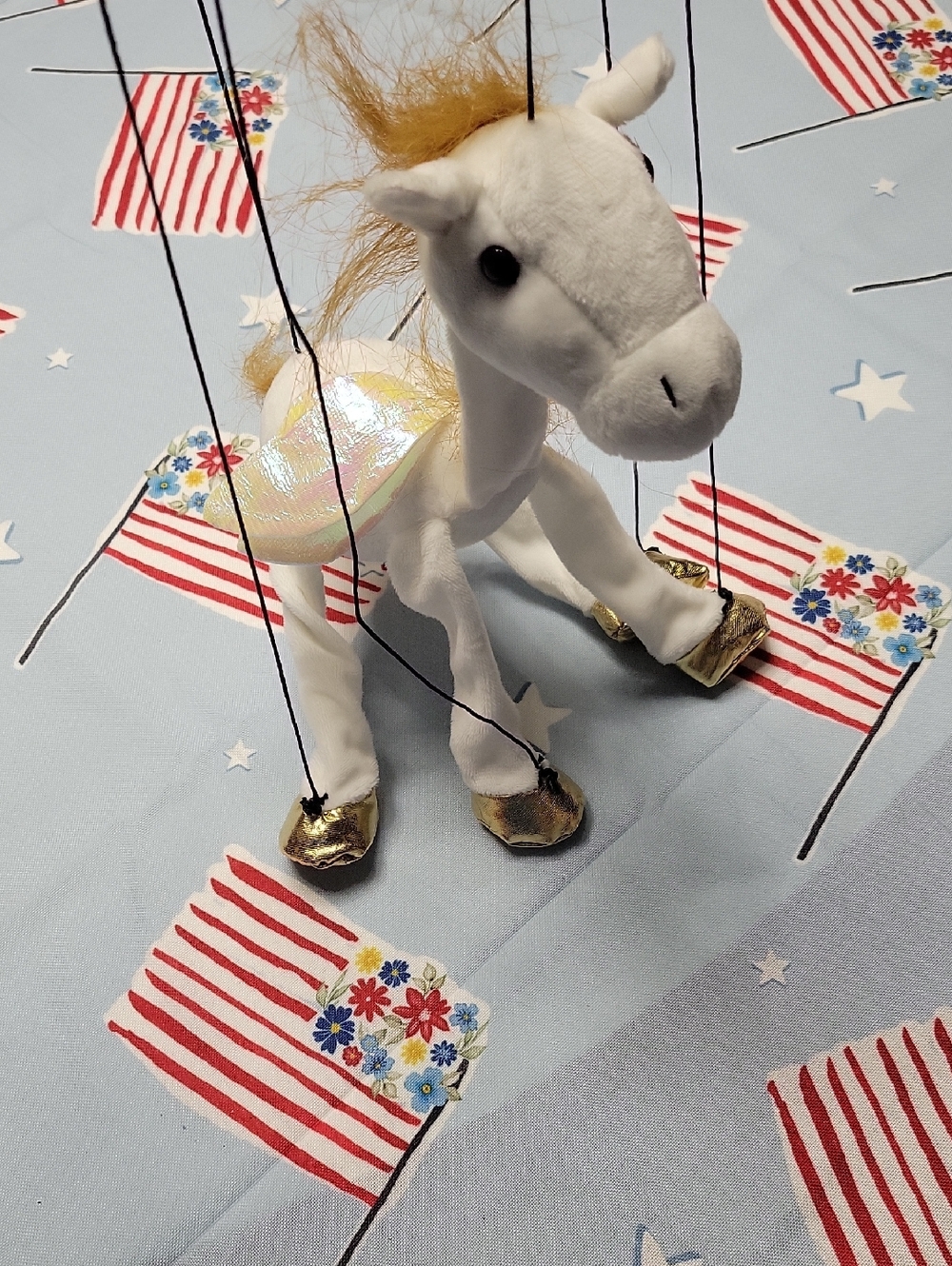 White Plush Marionette with Gold Hooves